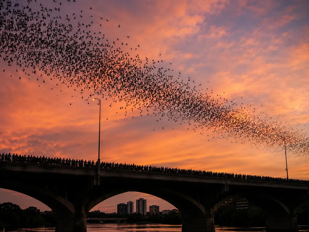 Molosses du Mexique quittant le Congress Avenue Bridge au crépuscule